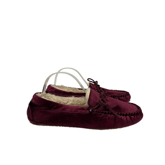 Minnetonka Women's Moccasin Burgundy Purple Velvet Slip On Faux Fur Size 11 - Picture 1 of 8